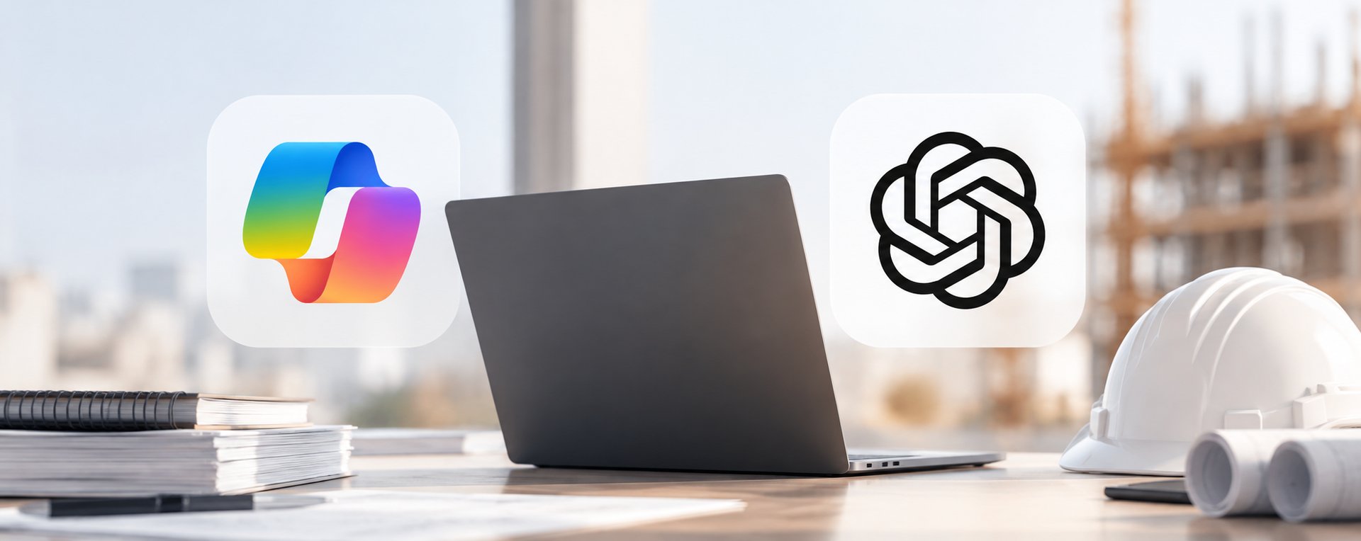 Microsoft Copilot and ChatGPT icons over a construction desk
